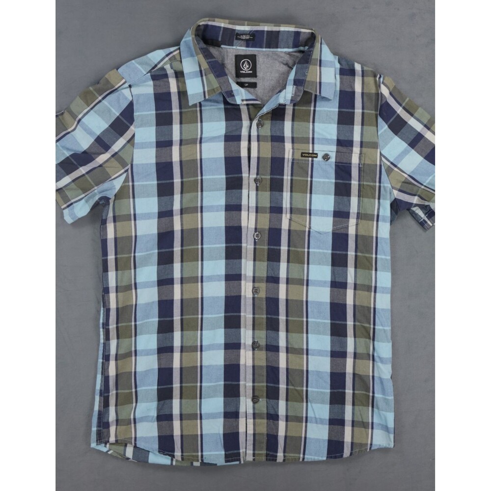 Volcom Mens Small Slim Fit Plaid Short Sleeve Button Up Shirt Blue Green